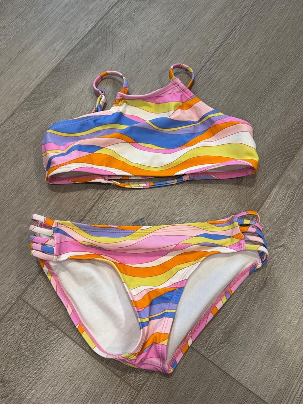 Kids Multicolor Wave-Print Bikini Set - Pink/Blue/Yellow